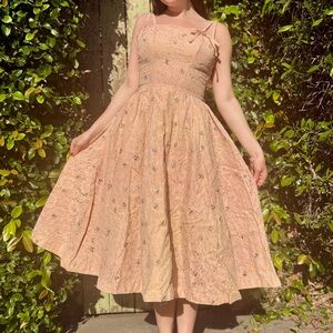 Vintage 50s 60s Pastel Pink Lace Midi Cocktail Party Dress with Metallic Accents